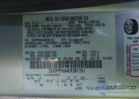2012 Ford Fusion Se z USA, uszkodzony, nr VIN 3FAHP0HA4CR381261